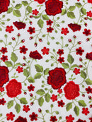 Red Floral and Leaves Embroidery on Nude Mesh Lace Fabric , Floral Bridal Lace Wedding Dress by the Yard (Pick a Size)