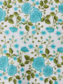 Turquoise Floral and Leaves Embroidery on a Mesh Lace Fabric , Floral Bridal Lace Wedding Dress by the Yard (Pick a Size)