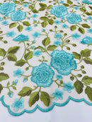 Turquoise Floral and Leaves Embroidery on a Mesh Lace Fabric , Floral Bridal Lace Wedding Dress by the Yard (Pick a Size)