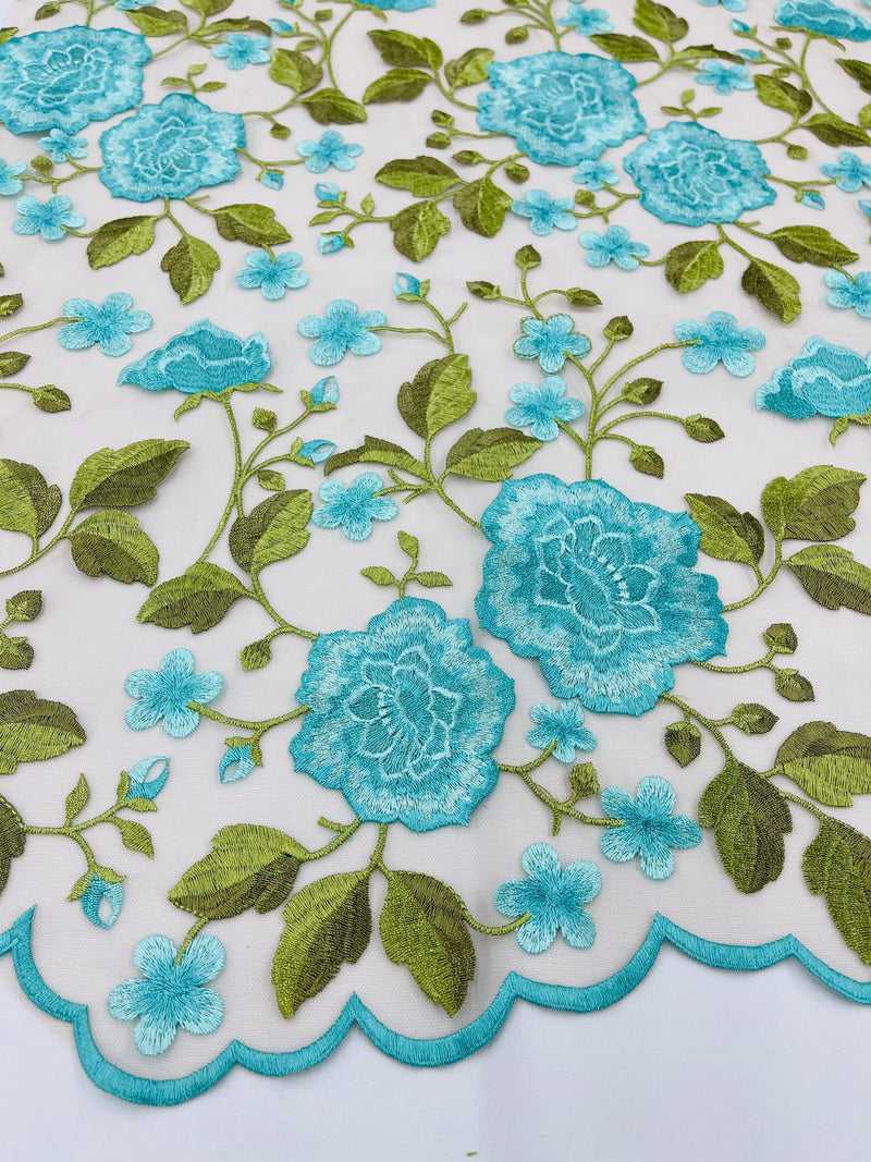 Turquoise Floral and Leaves Embroidery on a Mesh Lace Fabric , Floral Bridal Lace Wedding Dress by the Yard (Pick a Size)