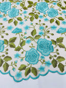 Turquoise Floral and Leaves Embroidery on a Mesh Lace Fabric , Floral Bridal Lace Wedding Dress by the Yard (Pick a Size)
