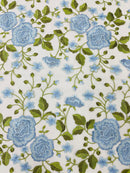 Light Blue Floral and Leaves Embroidery on a Mesh Lace Fabric , Floral Bridal Lace Wedding Dress by the Yard (Pick a Size)