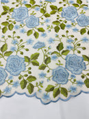Light Blue Floral and Leaves Embroidery on a Mesh Lace Fabric , Floral Bridal Lace Wedding Dress by the Yard (Pick a Size)
