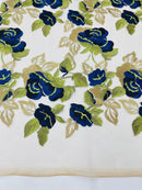 Royal Blue/Gold Floral and Leaves Embroidery on a Mesh Lace Fabric , Floral Bridal Lace Wedding Dress by the Yard (Pick a Size)