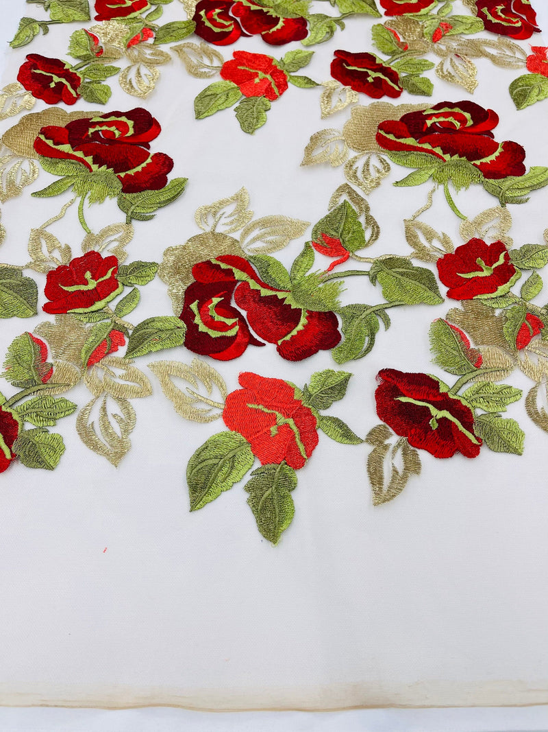 Red/Gold Floral and Leaves Embroidery on a Mesh Lace Fabric , Floral Bridal Lace Wedding Dress by the Yard (Pick a Size)