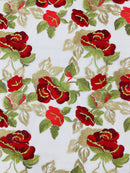 Red/Gold Floral and Leaves Embroidery on a Mesh Lace Fabric , Floral Bridal Lace Wedding Dress by the Yard (Pick a Size)