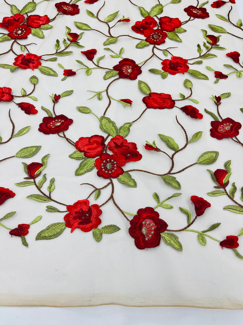 Red Floral and Leaves Embroidery on a Mesh Lace Fabric , Floral Bridal Lace Wedding Dress by the Yard (Pick a Size)