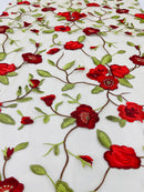 Red Floral and Leaves Embroidery on a Mesh Lace Fabric , Floral Bridal Lace Wedding Dress by the Yard (Pick a Size)