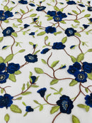 Royal Blue Floral and Leaves Embroidery on a Mesh Lace Fabric , Floral Bridal Lace Wedding Dress by the Yard (Pick a Size)