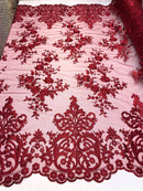 Burgundy Damask Design Embroidered on Mesh Lace Fabric, Floral Bridal Lace Wedding Dress by the Yard (Pick a Size)