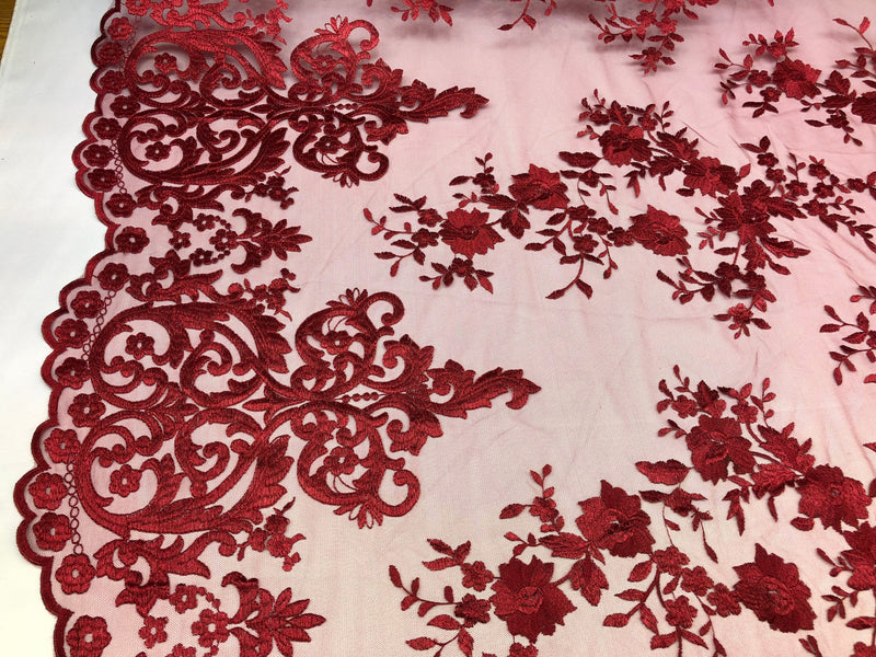 Burgundy Damask Design Embroidered on Mesh Lace Fabric, Floral Bridal Lace Wedding Dress by the Yard (Pick a Size)