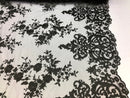 Black Damask Design Embroidered on Mesh Lace Fabric, Floral Bridal Lace Wedding Dress by the Yard (Pick a Size)