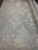 White Damask Design Embroidered on Mesh Lace Fabric, Floral Bridal Lace Wedding Dress by the Yard (Pick a Size)