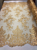 Gold Damask Design Embroidered on Mesh Lace Fabric, Floral Bridal Lace Wedding Dress by the Yard (Pick a Size)