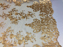 Gold Damask Design Embroidered on Mesh Lace Fabric, Floral Bridal Lace Wedding Dress by the Yard (Pick a Size)