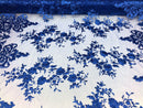 Royal Blue Damask Design Embroidered on Mesh Lace Fabric, Floral Bridal Lace Wedding Dress by the Yard (Pick a Size)