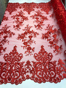 Red Damask Design Embroidered on Mesh Lace Fabric, Floral Bridal Lace Wedding Dress by the Yard (Pick a Size)