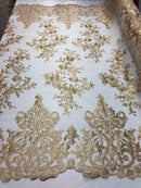 KHAKI Damask Design Embroidered on Mesh Lace Fabric, Floral Bridal Lace Wedding Dress by the Yard (Pick a Size)