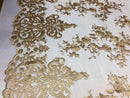 KHAKI Damask Design Embroidered on Mesh Lace Fabric, Floral Bridal Lace Wedding Dress by the Yard (Pick a Size)