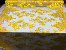 Yellow Damask Design Embroidered on Mesh Lace Fabric, Floral Bridal Lace Wedding Dress by the Yard (Pick a Size)