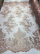 Blush Damask Design Embroidered on Mesh Lace Fabric, Floral Bridal Lace Wedding Dress by the Yard (Pick a Size)