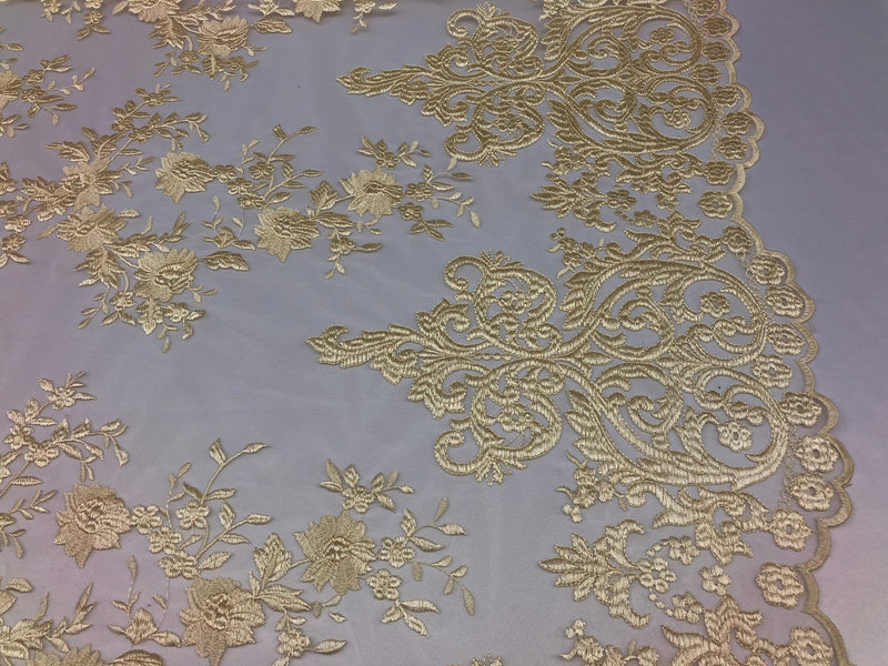 Cream/Ivory Damask Design Embroidered on Mesh Lace Fabric, Floral Bridal Lace Wedding Dress by the Yard (Pick a Size)