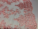 Candy Pink Damask Design Embroidered on Mesh Lace Fabric, Floral Bridal Lace Wedding Dress by the Yard (Pick a Size)