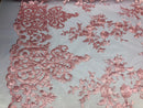 Candy Pink Damask Design Embroidered on Mesh Lace Fabric, Floral Bridal Lace Wedding Dress by the Yard (Pick a Size)