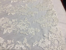 Ivory Flower Design Embroidered on Mesh Lace Fabric, Floral Bridal Lace Wedding Dress by the Yard (Pick a Size)