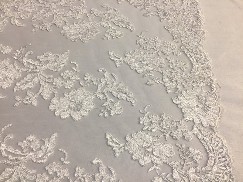 White Flower Design Embroidered on Mesh Lace Fabric, Floral Bridal Lace Wedding Dress by the Yard (Pick a Size)
