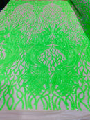 Neón Green Sequins Lace Fabric On Nude Mesh, DAMASK Design Embroidered on  Mesh 4 way Stretch Sequin By Yard -Prom-Gown ( Choose The Size )