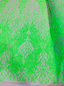 Neón Green Sequins Lace Fabric On Nude Mesh, DAMASK Design Embroidered on  Mesh 4 way Stretch Sequin By Yard -Prom-Gown ( Choose The Size )