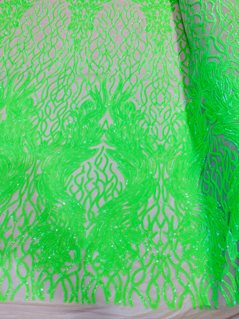 Neón Green Sequins Lace Fabric On Nude Mesh, DAMASK Design Embroidered on  Mesh 4 way Stretch Sequin By Yard -Prom-Gown ( Choose The Size )