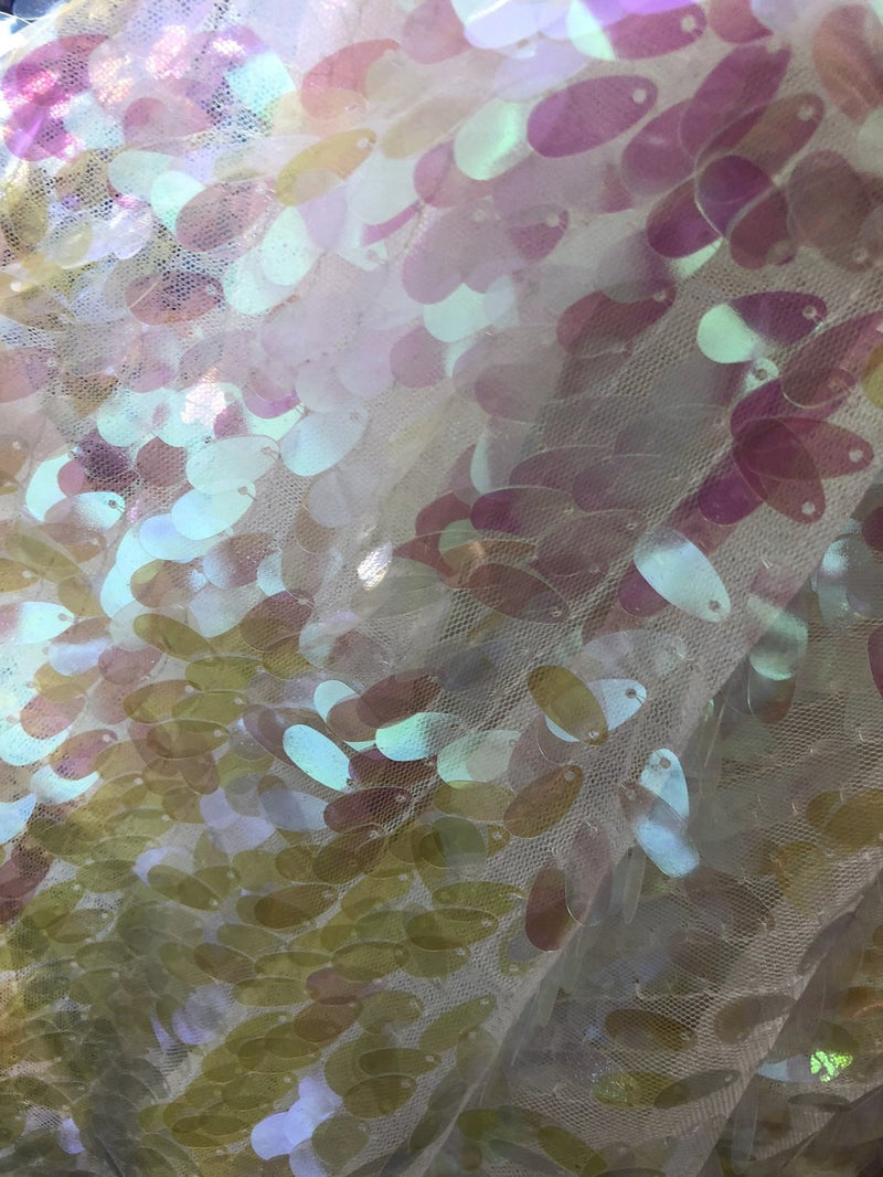 Iridescent Hologram Oval Tear Drop Sequins Fabric - Iridescent Clear Pink - Mermaid Fabrics Dresses-Nightgowns-Prom Gown (Pick a Size)