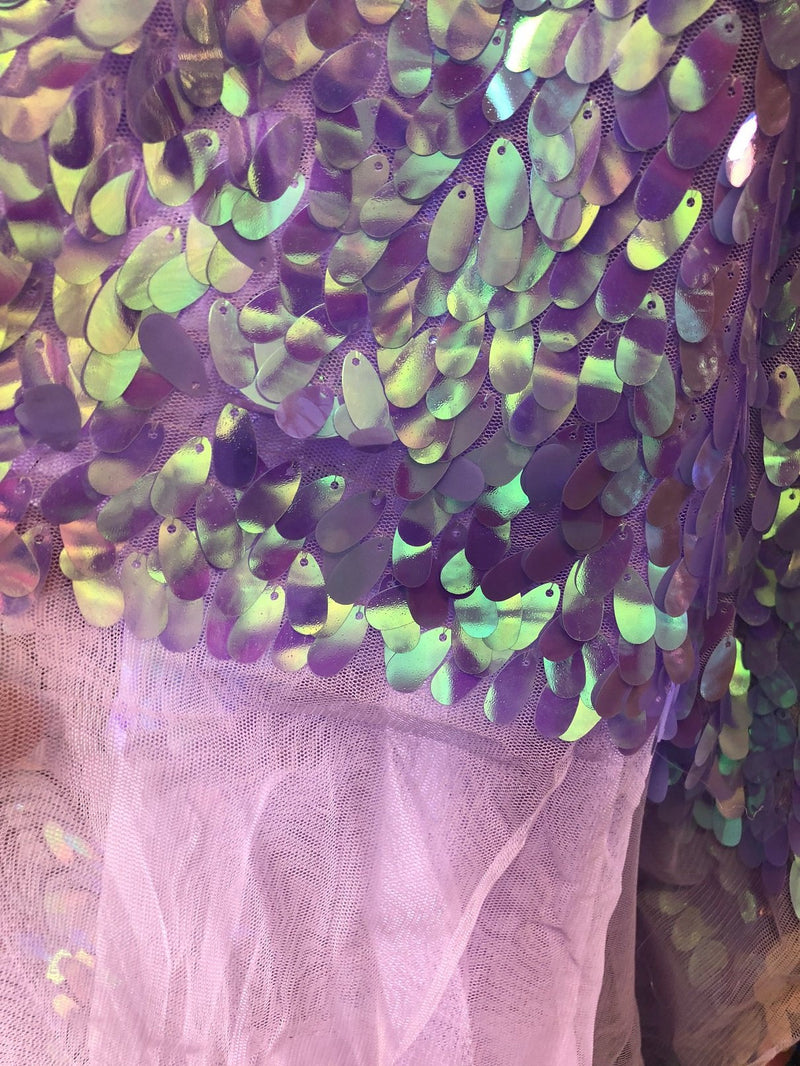 Iridescent Hologram Oval Tear Drop Sequins Fabric - Iridescent Lilac  - Mermaid Fabrics Dresses-Nightgowns-Prom Gown (Pick a Size)