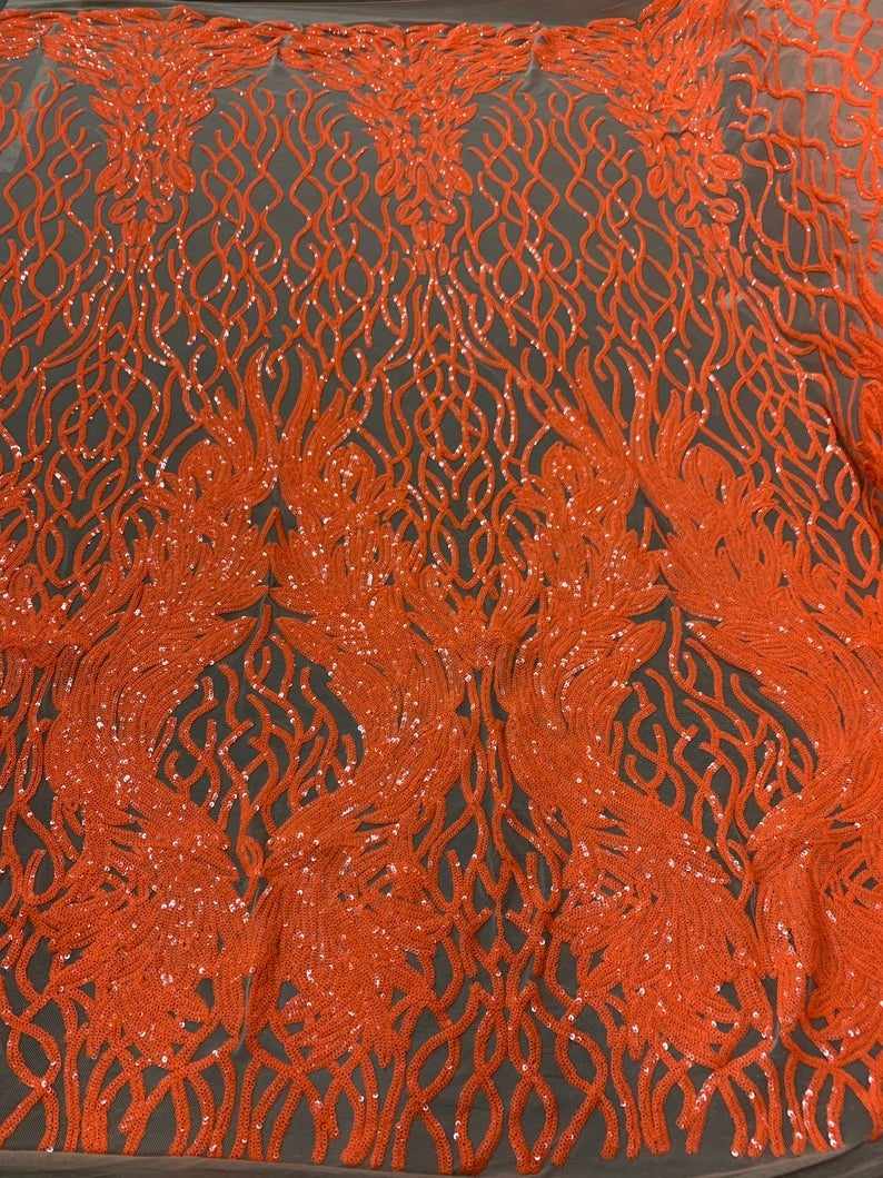 Orange Sequins Lace Fabric On Nude Mesh, DAMASK Design Embroidered on  Mesh 4 way Stretch Sequin By The Yard -Prom-Gown ( Choose The Size )