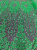Neon Lime Sequins Lace Fabric On Nude Mesh, DAMASK Design Embroidered Mesh 4 way Stretch Sequin By The Yard -Prom-Gown ( Choose The Size )