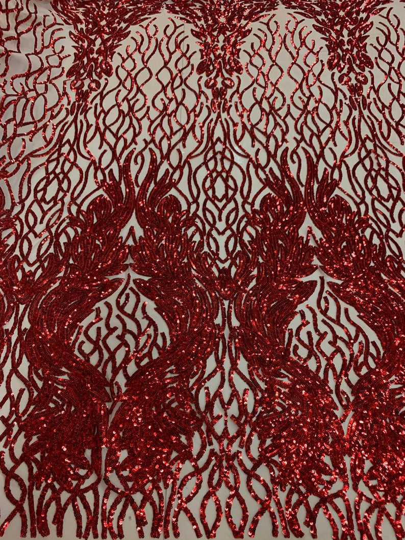 Red Sequins Lace Fabric On Nude Mesh, DAMASK Design Embroidered On a Mesh 4 way Stretch Sequin By The Yard -Prom-Gown ( Choose The Size )