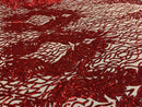 Red Sequins Lace Fabric On Nude Mesh, DAMASK Design Embroidered On a Mesh 4 way Stretch Sequin By The Yard -Prom-Gown ( Choose The Size )
