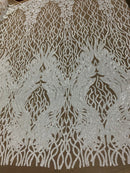 White Sequins Lace Fabric On Nude Mesh, DAMASK Design Embroidered On a Mesh 4 way Stretch Sequin By The Yard -Prom-Gown ( Choose The Size )