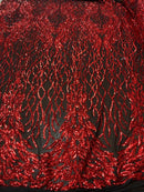 Red Sequins Lace Fabric On Black Mesh, DAMASK Design Embroidered On a Mesh 4 way Stretch Sequin By The Yard -Prom-Gown ( Choose The Size )