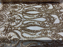 Gold Sequins Lace Fabric On Nude Mesh, DAMASK Design Embroidered On a Mesh 4 way Stretch Sequin By The Yard -Prom-Gown ( Choose The Size )