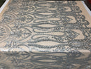 Matte Silver Sequins Lace Fabric On Nude Mesh, DAMASK Design Embroidered On 4 way Stretch Sequin By The Yard -Prom-Gown ( Choose The Size )