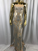 Matte Silver Sequins Lace Fabric On Nude Mesh, DAMASK Design Embroidered On 4 way Stretch Sequin By The Yard -Prom-Gown ( Choose The Size )