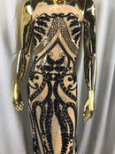 Black Sequins Lace Fabric On Nude Mesh, DAMASK Design Embroidered On 4 way Stretch Sequin By The Yard -Prom-Gown ( Choose The Size )