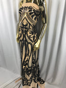 Black Sequins Lace Fabric On Nude Mesh, DAMASK Design Embroidered On 4 way Stretch Sequin By The Yard -Prom-Gown ( Choose The Size )