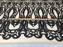 Black Sequins Lace Fabric On Nude Mesh, DAMASK Design Embroidered On 4 way Stretch Sequin By The Yard -Prom-Gown ( Choose The Size )
