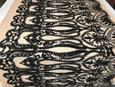 Black Sequins Lace Fabric On Nude Mesh, DAMASK Design Embroidered On 4 way Stretch Sequin By The Yard -Prom-Gown ( Choose The Size )