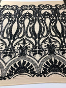 Black Sequins Lace Fabric On Nude Mesh, DAMASK Design Embroidered On 4 way Stretch Sequin By The Yard -Prom-Gown ( Choose The Size )