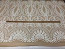 White Sequins Lace Fabric On Nude Mesh, DAMASK Design Embroidered On 4 way Stretch Sequin By The Yard -Prom-Gown ( Choose The Size )